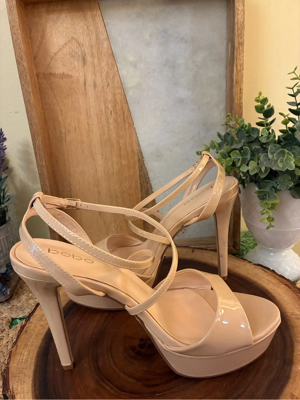bebe Nude Patent Platform Stiletto Sandals